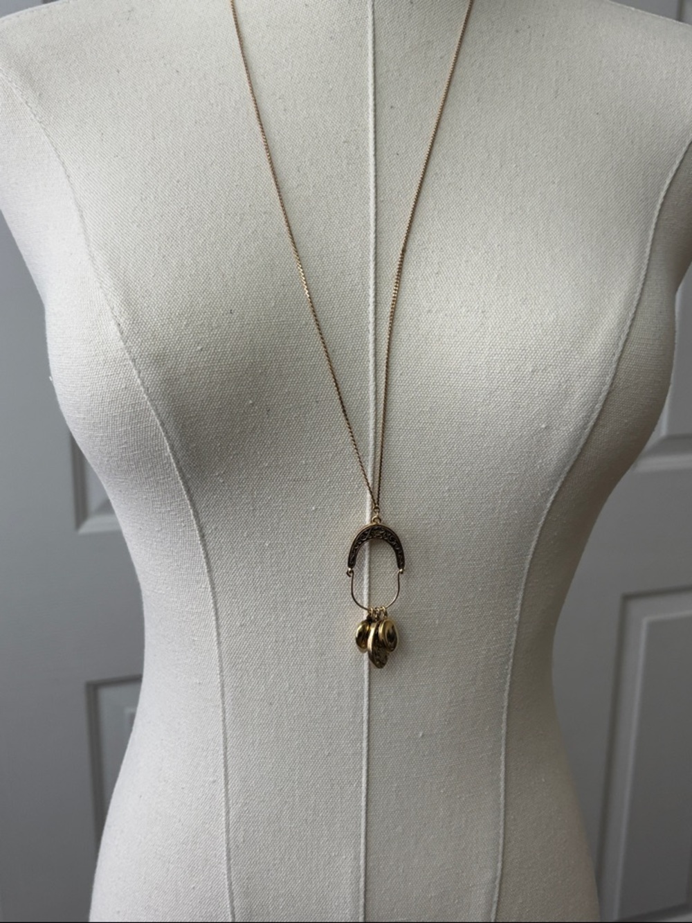 1928 Vintage Gold-Tone Long Necklace with Textured Hoop and Triple Drop Charms